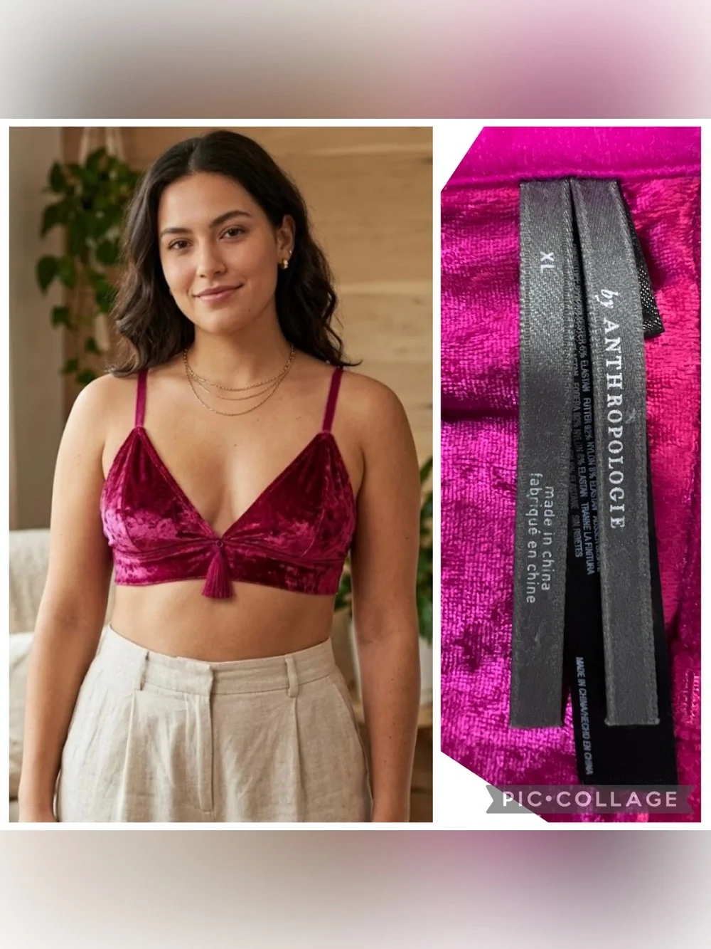 Anthropologie Velvet Tassel Bralette in Fuchsia size XL